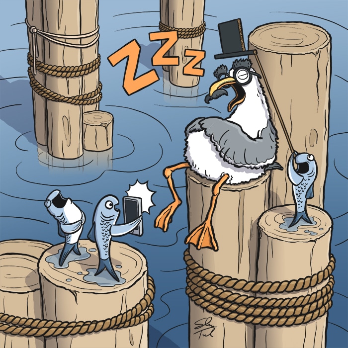 A cartoon illustration of a seagull sleeping on log pilings in the water, while a group of fish are playing a prank by dressing him up nose-and-mustache glasses and taking a picture of him.