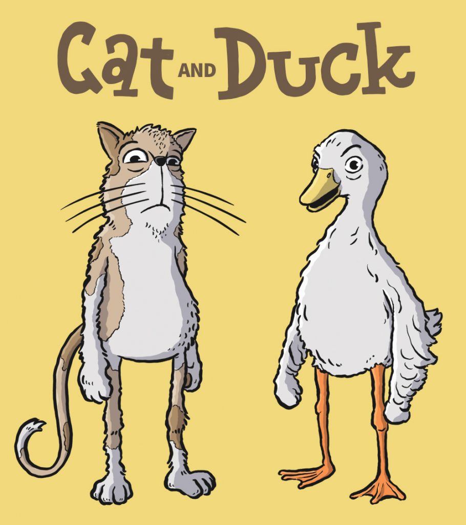 Cartoon illustration of a cat and a duck