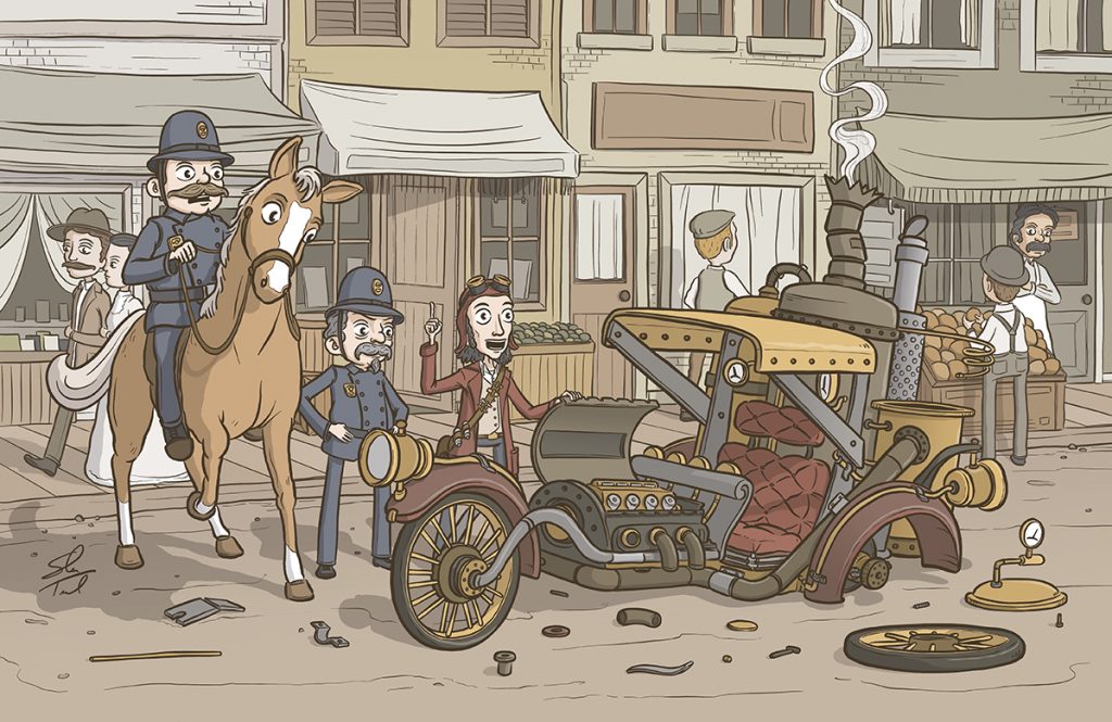 A steampunk inventor fixes his vehicle contraption while the police look on.