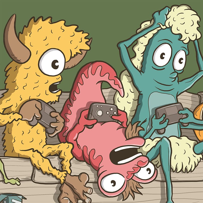 A group of monster buddies playing video games.