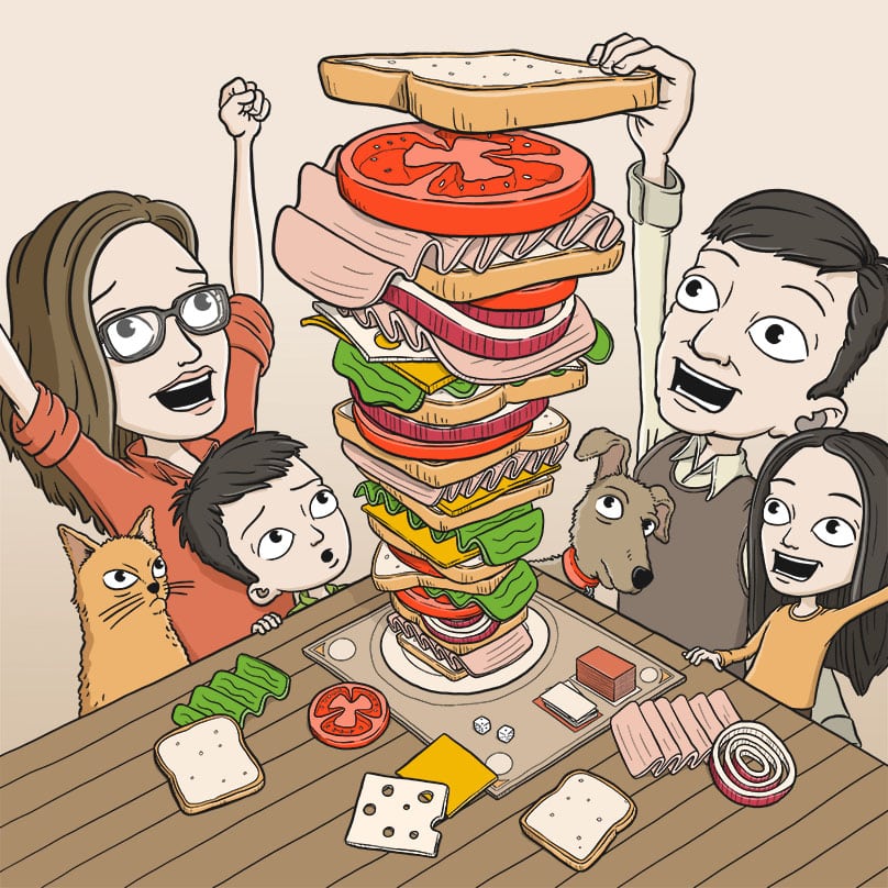 A family plays a sandwich stacking board game.