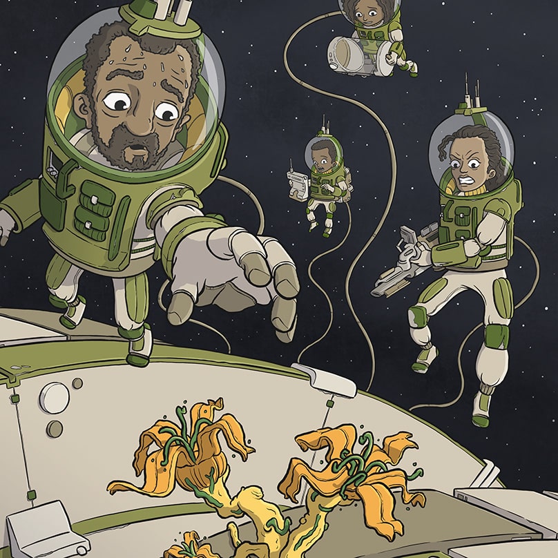 A family of space explorers finds something growing on the outside of their ship.