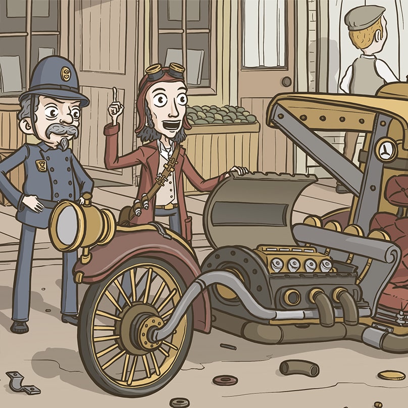 A steampunk inventor comes up with a solution to fix his car contraption that is stuck in the middle of the road.