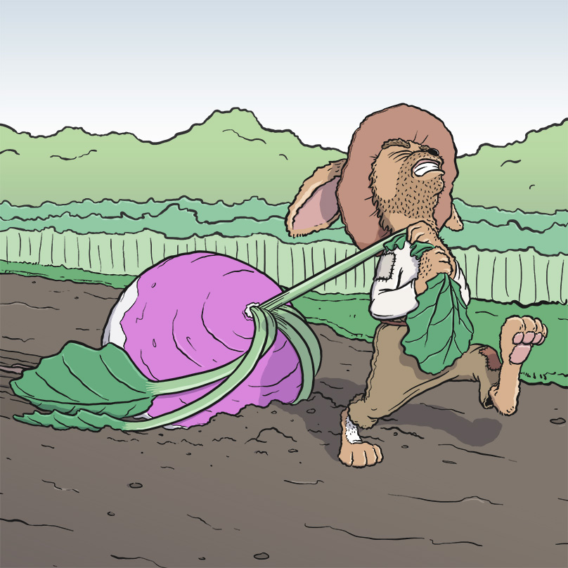 A rabbit character struggling to drag a large turnip