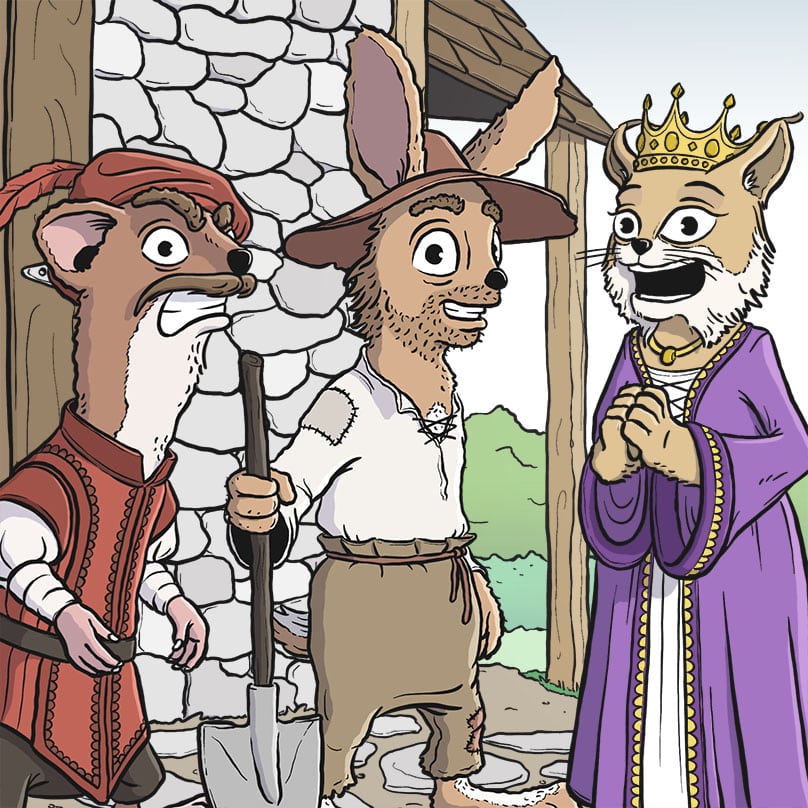 A weasel, rabbit, and lynx character in a medieval village.