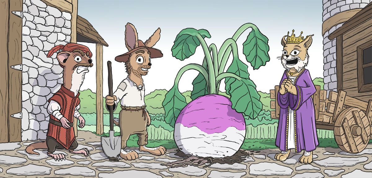 A weasel, rabbit, and lynx character stand next to a large turnip in a medieval village.