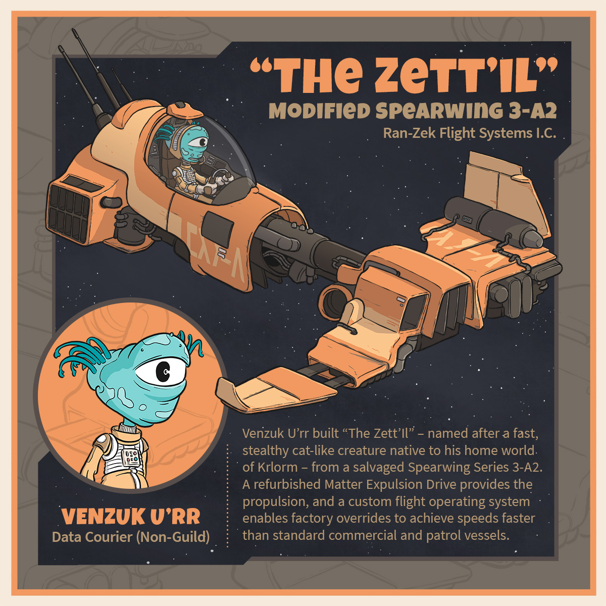 Venzuk U'rr and his starship "The Zett'Il"