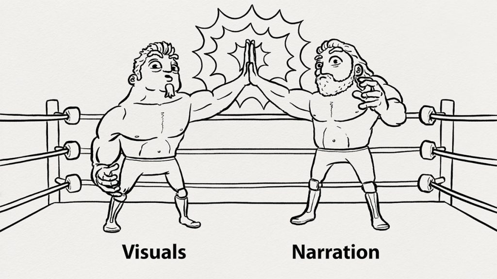 Final explainer video illustration of tag team wrestlers high-fiving.