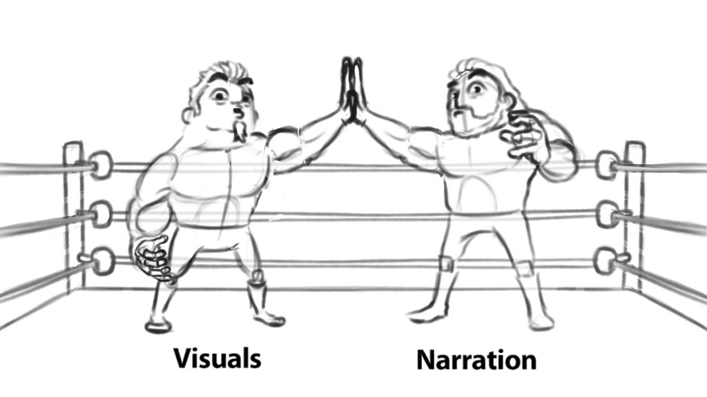 Storyboard sketch of tag team wrestlers high-fiving.