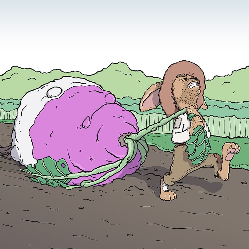 Illustration of Roland pulling a giant mutant turnip from my comic "Roland's Turnip Experience"