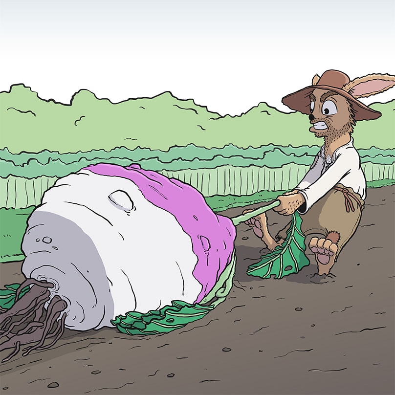Illustration of Roland pulling a giant mutant turnip from my comic "Roland's Turnip Experience"