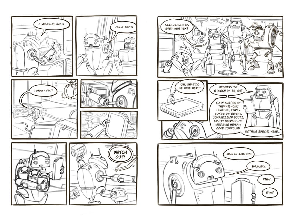 Sketch of pg 4-5 of my comic "Tales from Sector Alpha-8, Episode 1.0"