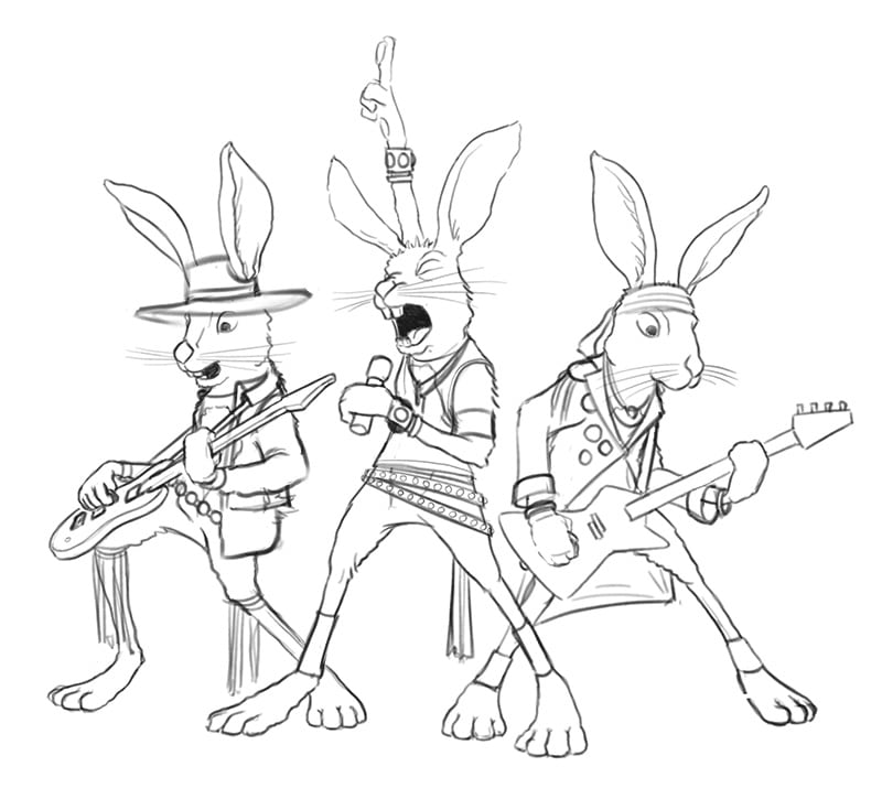 Sketch of three rabbits/hares rocking out