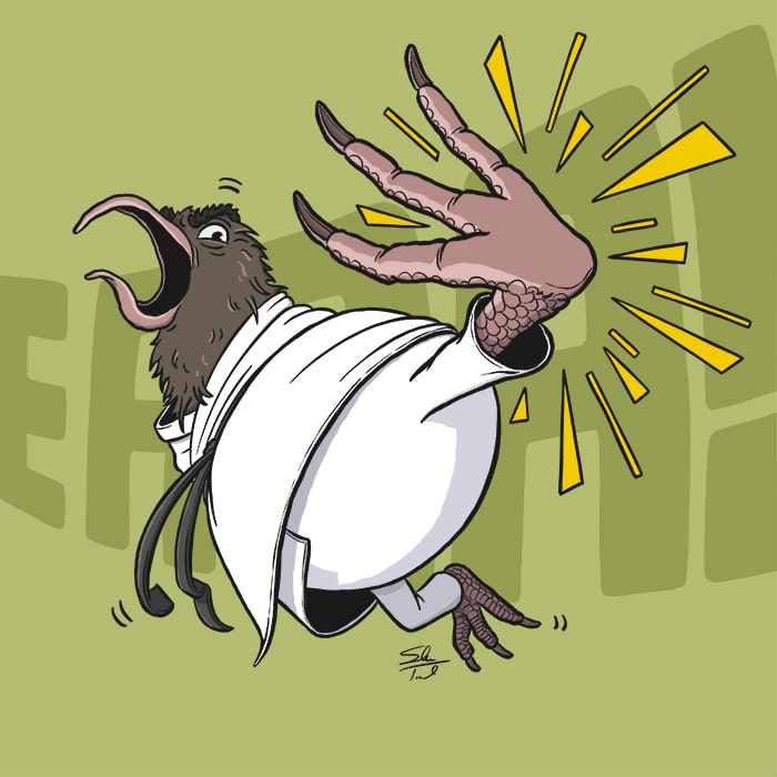 A cartoon illustration of a kiwi bird jumping and giving a karate kick.