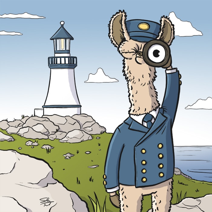 A cartoon illustration of a llama lighthouse keeper looking at the viewer through a telescope/monocular and a lighthouse in the background
