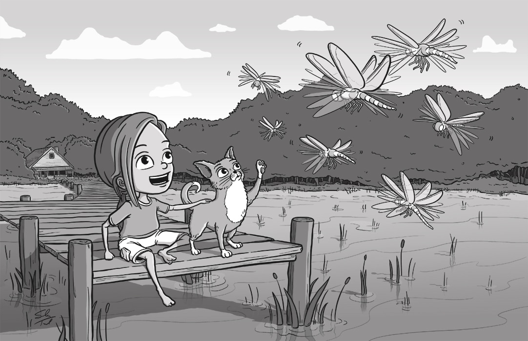 A cartoon illustration of a young girl and her cat sitting on a dock looking at dragonflies flying nearby