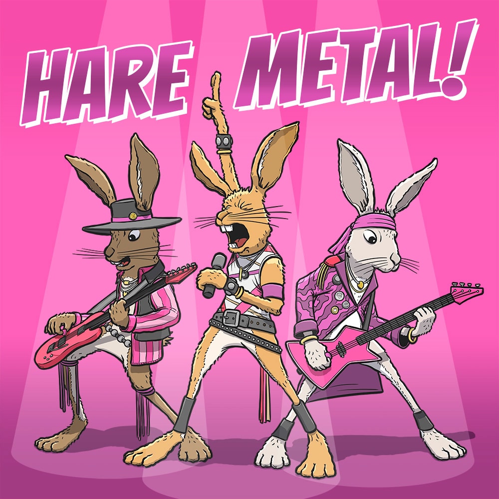Three hares/rabbits in glam metal gear rocking out