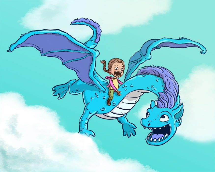 A young girl riding a flying dragon