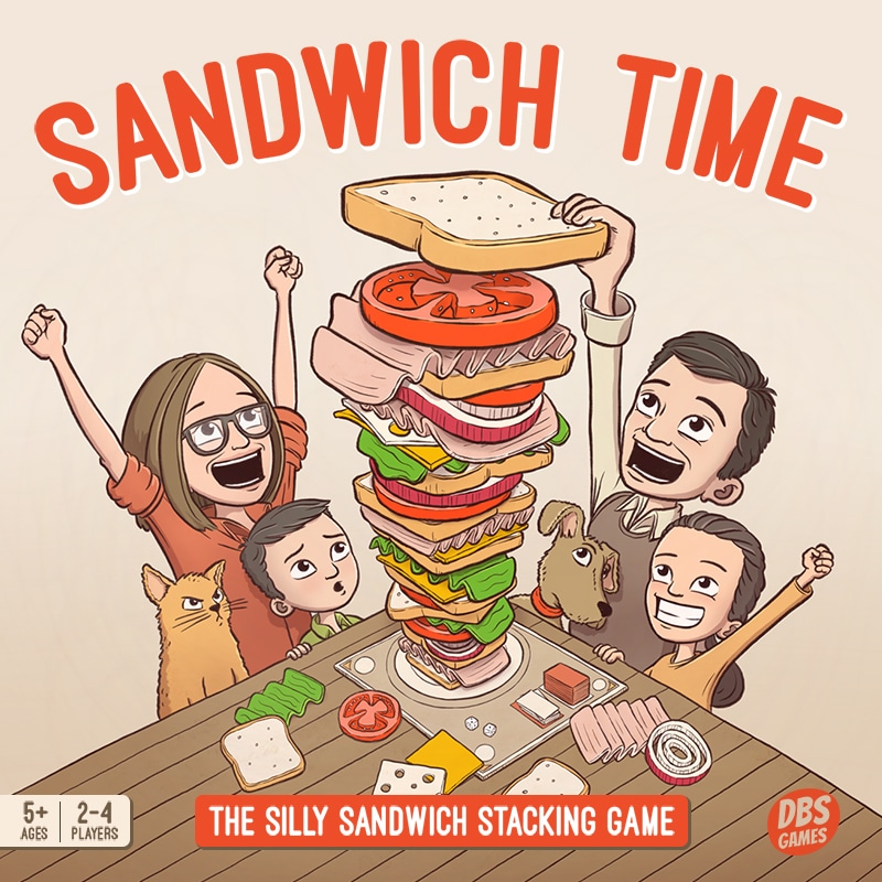 Board game mockup showing a cartoon illustration of a family playing a Jenga-like game called "Sandwich Time"