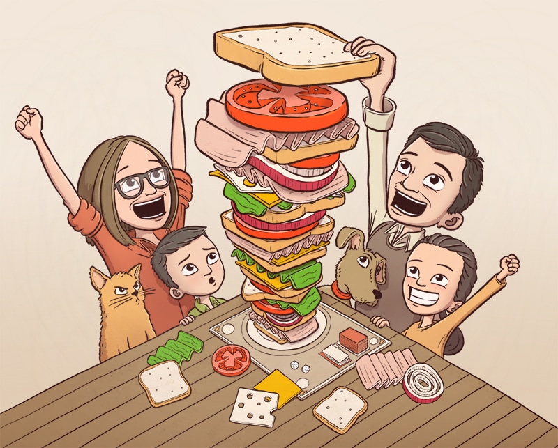 A cartoon illustration of a family playing a Jenga-like game called "Sandwich Time"