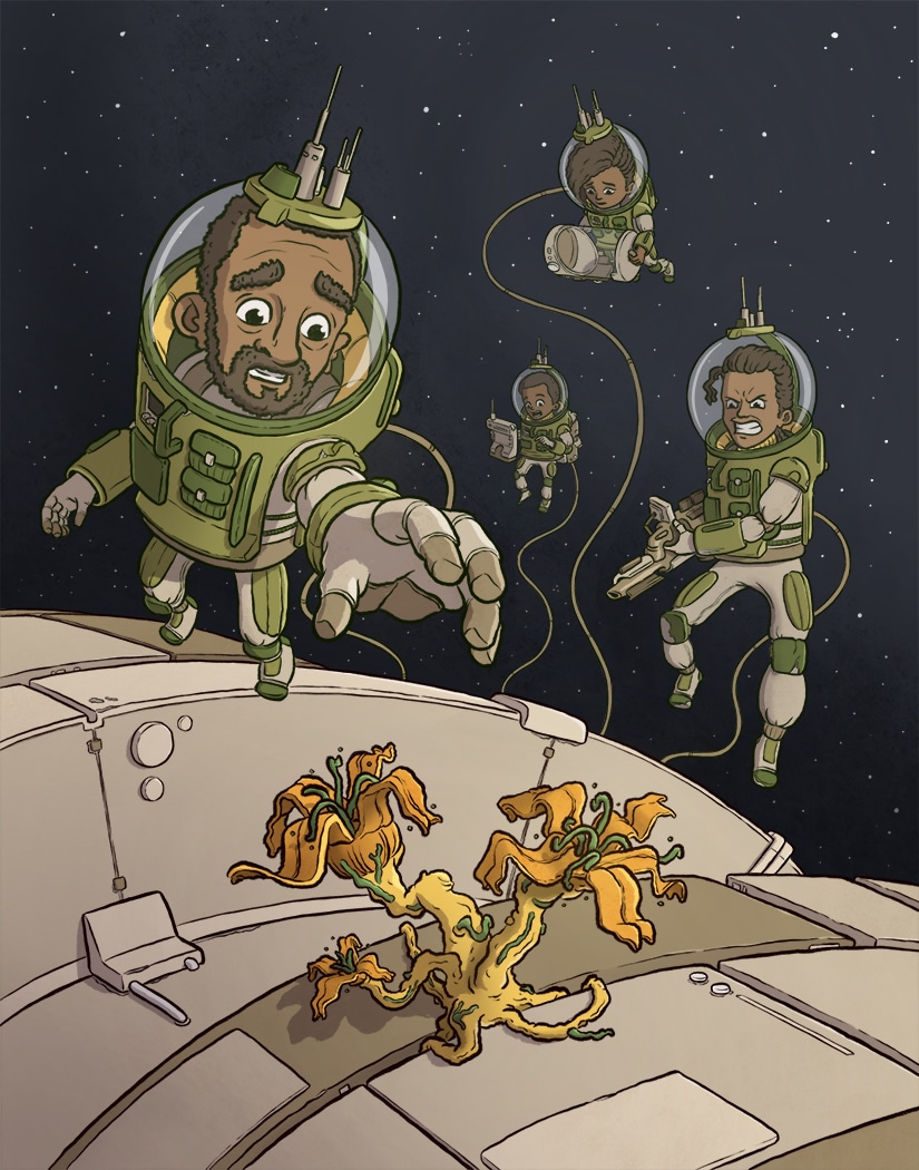 A cartoon illustration of a family of space explorers who discover something growing on the outside of their spacecraft.