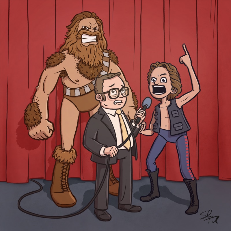Cartoon illustration of Han Solo and Chewbacca as professional wrestlers.
